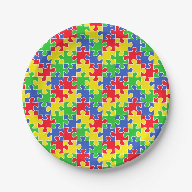 Bright Primary Colors Jigsaw Puzzle Pieces Paper Plates (Front)