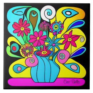Bright Psychedelic Florals Ceramic Tile