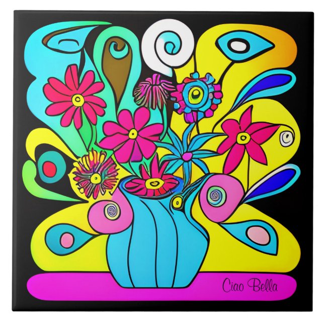 Bright Psychedelic Florals Ceramic Tile (Front)