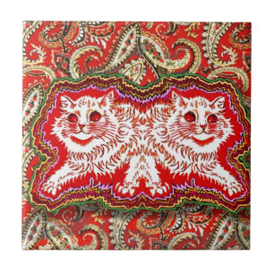 Bright Psychedelic Red Cats (by Louis Wain) Ceramic Tile