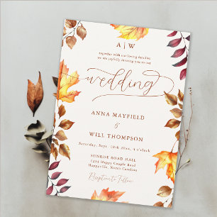 Bright Pumpkin Autumn Leaf Monogram Crest Wedding Invitation