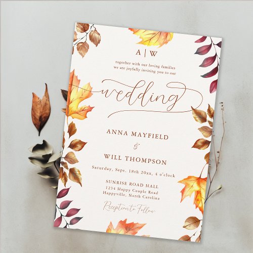 Bright Pumpkin Autumn Leaf Monogram Crest Wedding Invitation