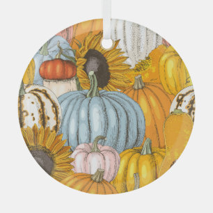 Bright pumpkins, sunflowers, hand-drawn pattern. glass ornament
