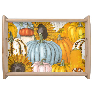 Bright pumpkins, sunflowers, hand-drawn pattern. serving tray