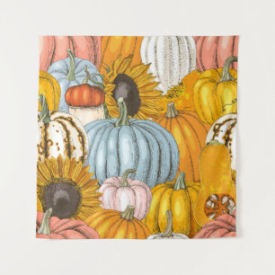 Bright pumpkins, sunflowers, hand-drawn pattern. tapestry