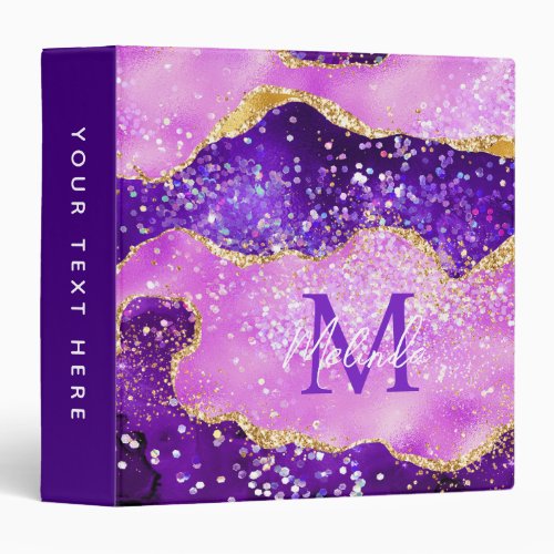 Bright Purple and Gold Glitter Sequins Agate 3 Ring Binder