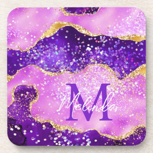 Bright Purple and Gold Glitter Sequins Agate Beverage Coaster