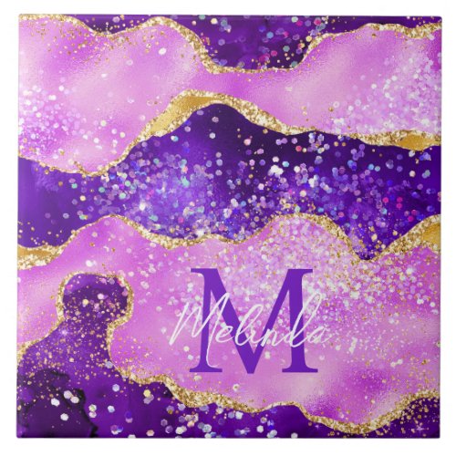 Bright Purple and Gold Glitter Sequins Agate Ceramic Tile