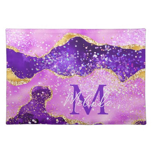 Bright Purple and Gold Glitter Sequins Agate Cloth Placemat