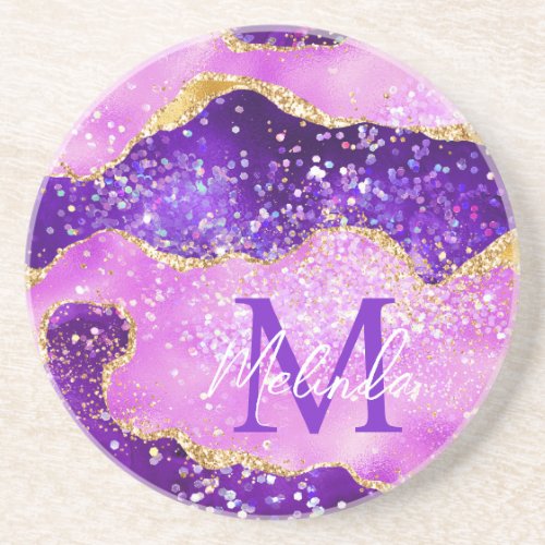Bright Purple and Gold Glitter Sequins Agate Coaster