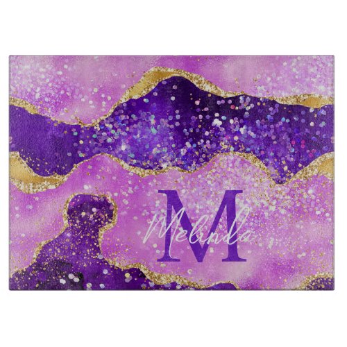 Bright Purple and Gold Glitter Sequins Agate Cutting Board