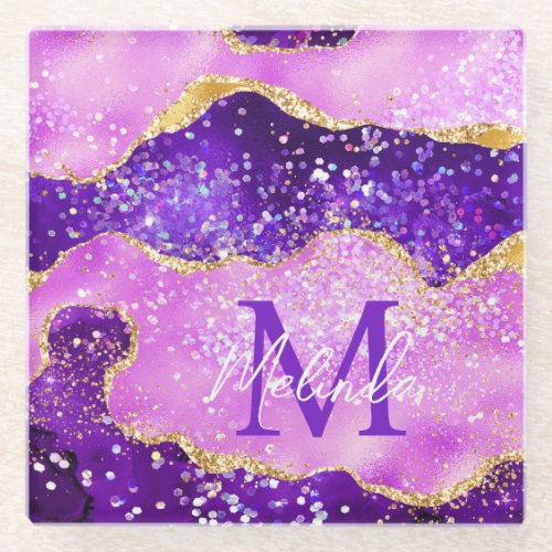 Bright Purple and Gold Glitter Sequins Agate Glass Coaster