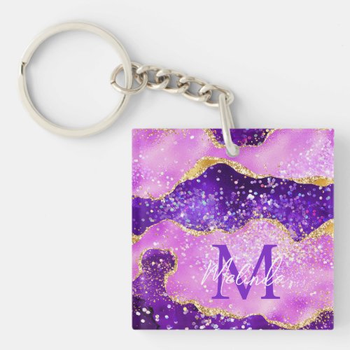 Bright Purple and Gold Glitter Sequins Agate Keychain