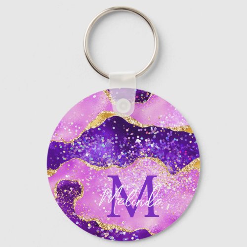 Bright Purple and Gold Glitter Sequins Agate Keychain