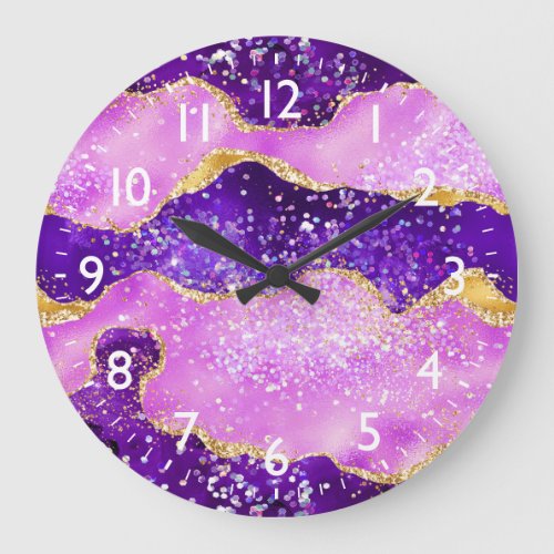 Bright Purple and Gold Glitter Sequins Agate Large Clock