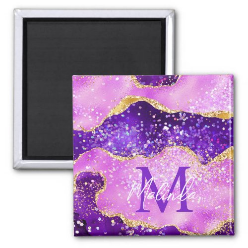 Bright Purple and Gold Glitter Sequins Agate Magnet