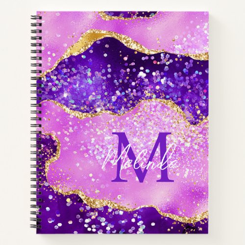 Bright Purple and Gold Glitter Sequins Agate Notebook