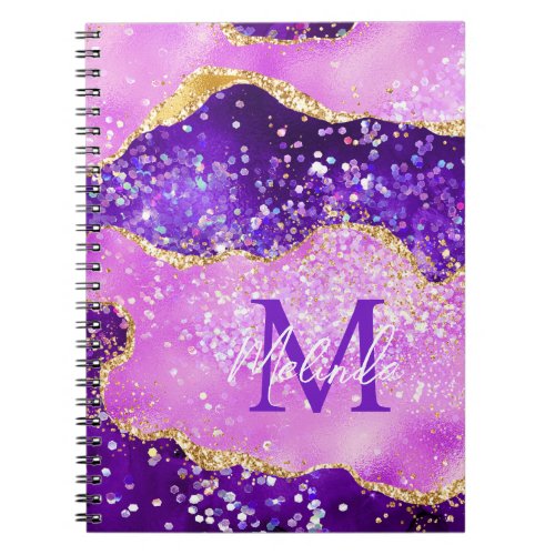 Bright Purple and Gold Glitter Sequins Agate Notebook