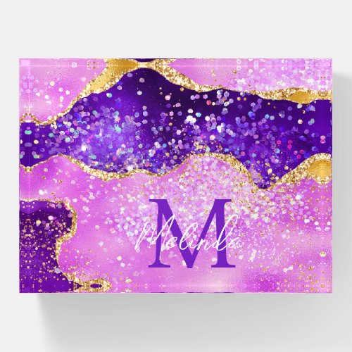 Bright Purple and Gold Glitter Sequins Agate Paperweight