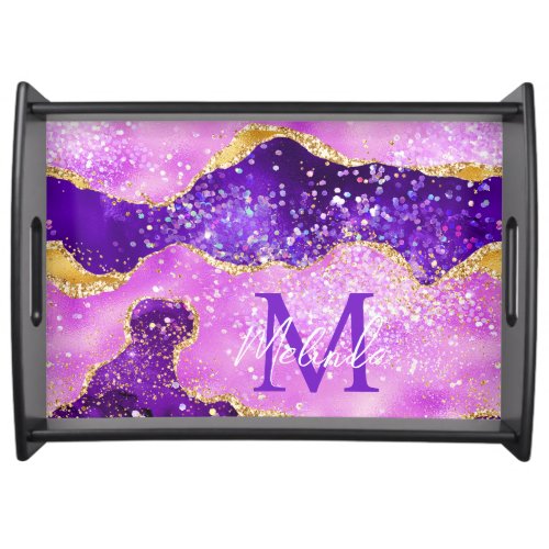 Bright Purple and Gold Glitter Sequins Agate Serving Tray