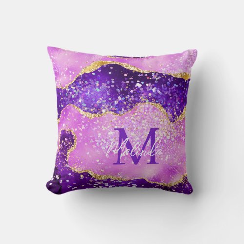 Bright Purple and Gold Glitter Sequins Agate Throw Pillow