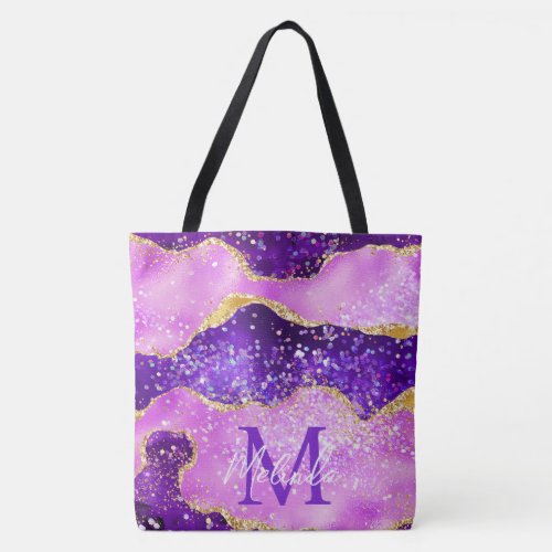 Bright Purple and Gold Glitter Sequins Agate Tote Bag