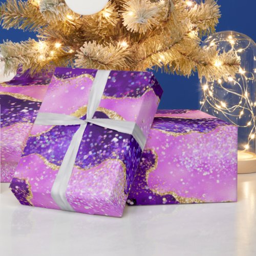 Bright Purple and Gold Glitter Sequins Agate Wrapping Paper