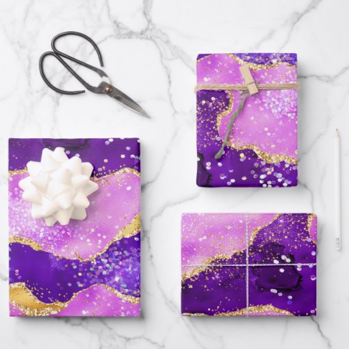 Bright Purple and Gold Glitter Sequins Agate Wrapping Paper Sheets