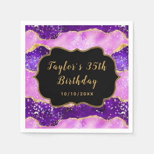 Bright Purple and Gold Sequins Agate Birthday Napkins
