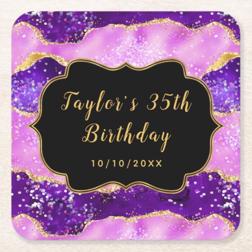 Bright Purple and Gold Sequins Agate Birthday Square Paper Coaster