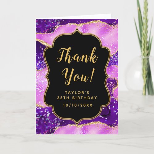 Bright Purple and Gold Sequins Agate Birthday Thank You Card