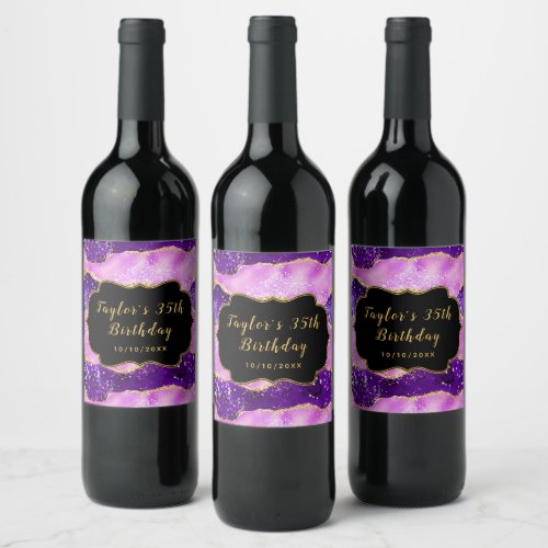 Bright Purple and Gold Sequins Agate Birthday Wine Label