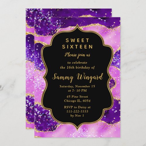 Bright Purple and Gold Sequins Agate Sweet Sixteen Invitation