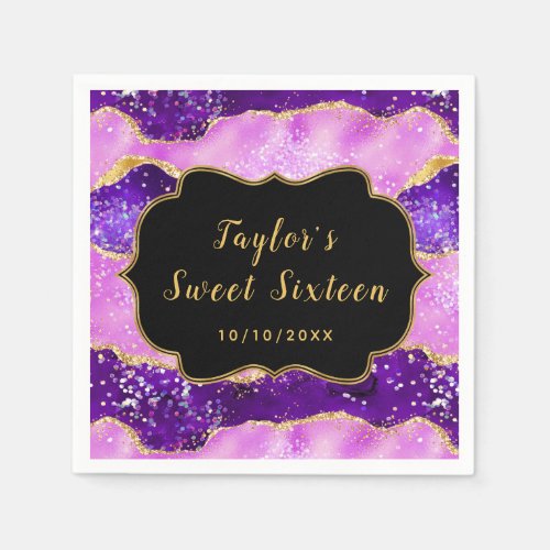 Bright Purple and Gold Sequins Agate Sweet Sixteen Napkins