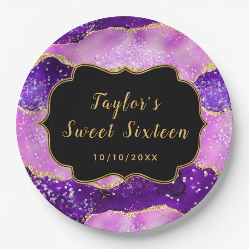 Bright Purple and Gold Sequins Agate Sweet Sixteen Paper Plates