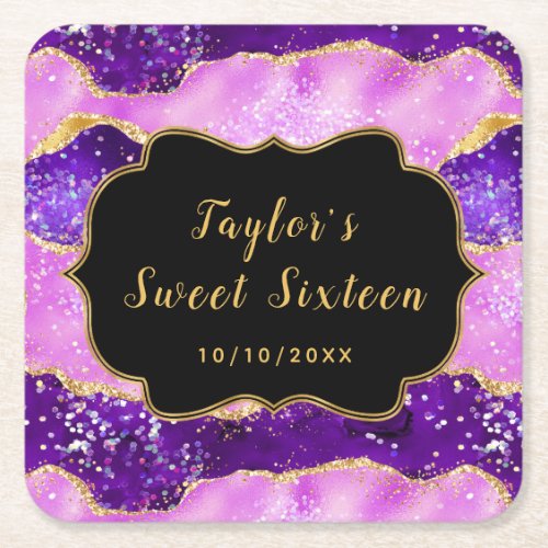 Bright Purple and Gold Sequins Agate Sweet Sixteen Square Paper Coaster