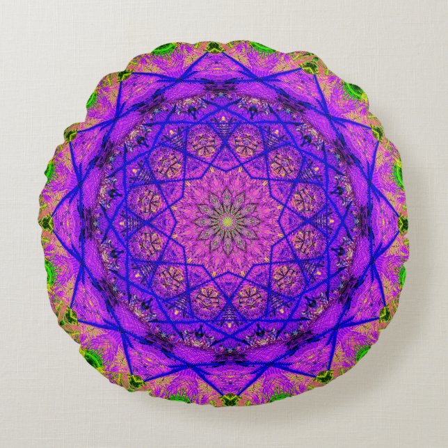 Bright Purple and Green Mandala Round Pillow (Front)