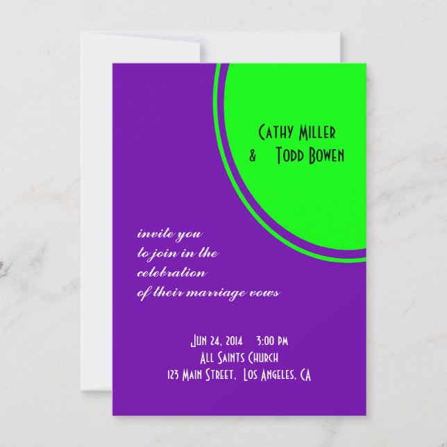 Bright purple and lime green Mod Wedding Invitation (Front)