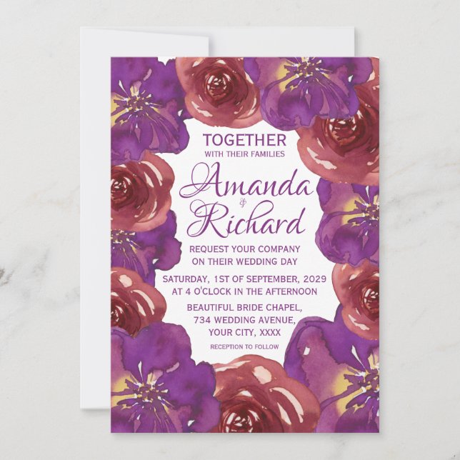 Bright Purple and Red Summer Spring Floral Wedding Invitation (Front)