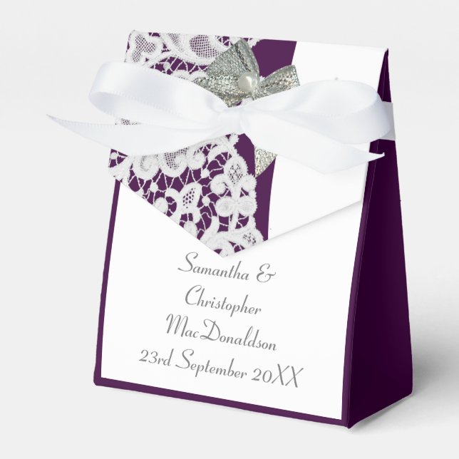 Bright purple and white damask lace wedding favor boxes (Front Side)