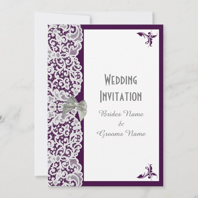 Bright purple and white lace  traditional wedding invitation (Front)