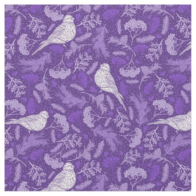 Bright Purple and Winter White Bird Floral Pattern Fabric (Close Up)