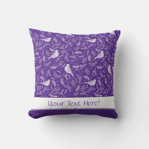 Bright Purple and Winter White Bird Floral Pattern Throw Pillow