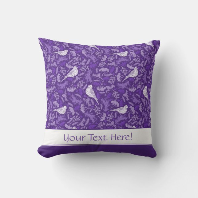 Bright Purple and Winter White Bird Floral Pattern Throw Pillow (Front)
