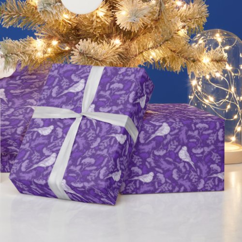 Bright Purple and Winter White Bird Floral Pattern Wrapping Paper