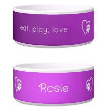 Bright Purple Eat Play Love Custom Dog Name Bowl