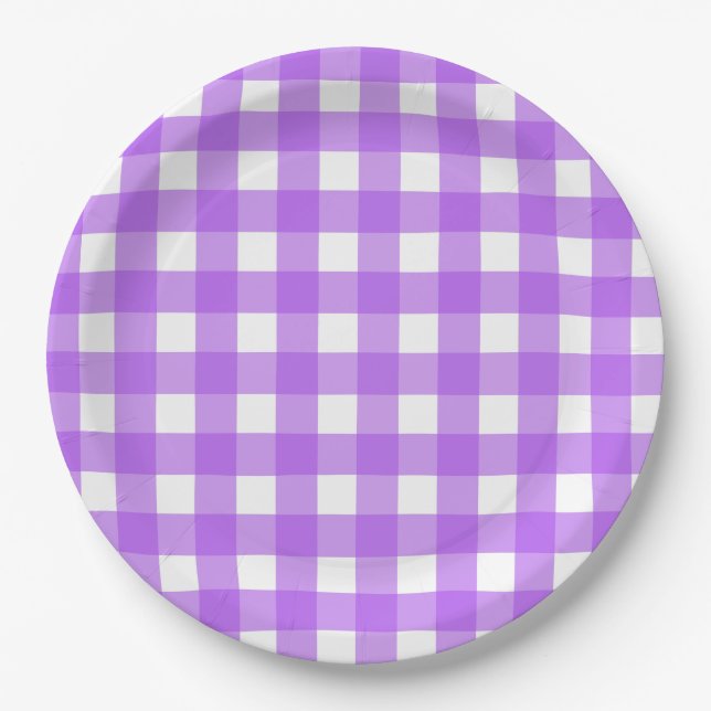 Bright purple gingham paper plates (Front)