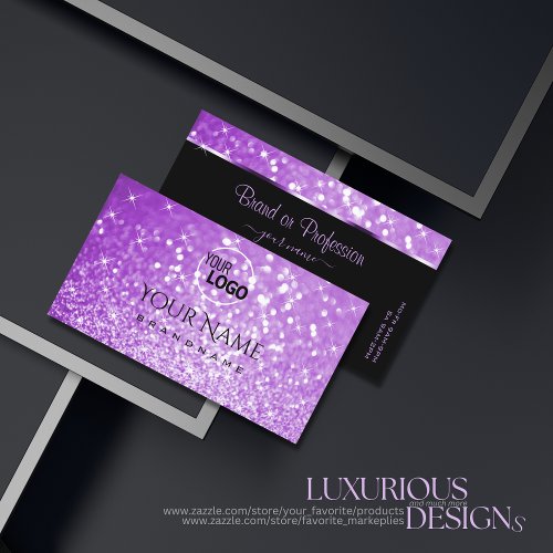 Bright Purple Glitter Sparkling Stars add Logo  Business Card