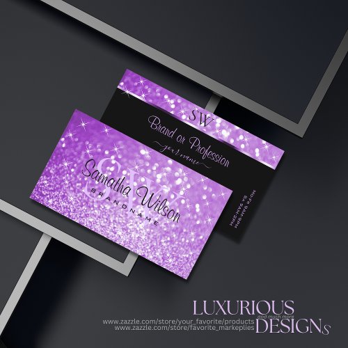 Bright Purple Glitter Sparkling Stars Initials Business Card