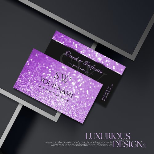 Bright Purple Glitter Sparkling Stars Monogram Business Card